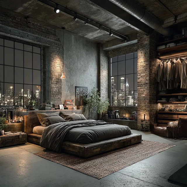 Modern Bedroom with City View and Industrial Style