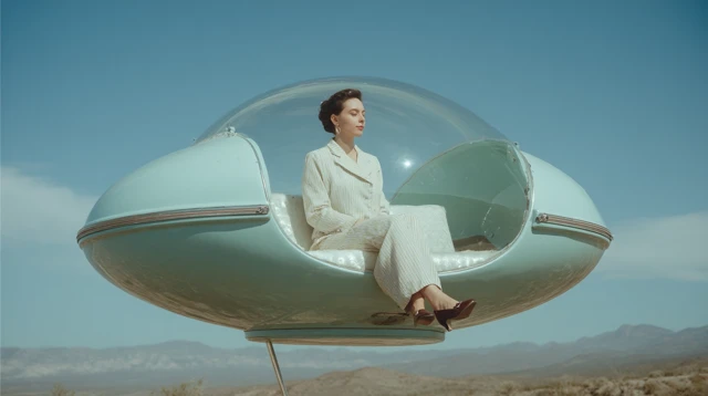 Woman in UFO Flying Above Desert Landscape