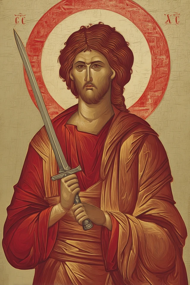 Byzantine Icon of Sacred Figure Holding Sword