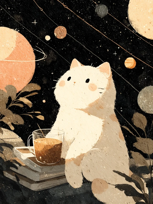 Dreamy Cat in Space with Planets and Tea