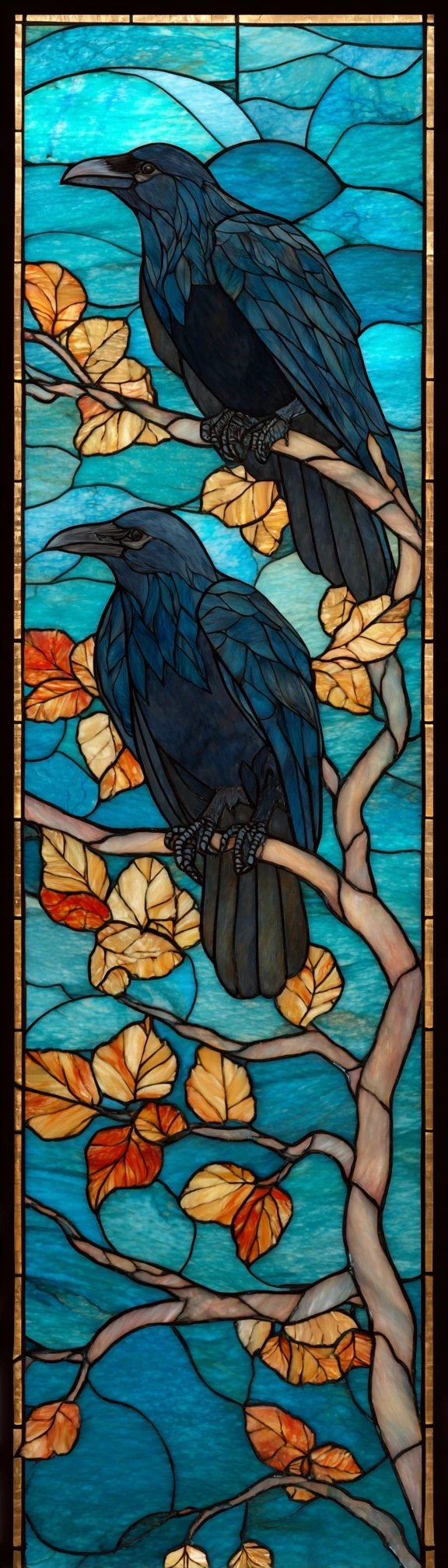 Stained Glass Ravens Branches Blue Sky