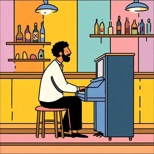 Cartoon Piano Player in a Bar Bright Colors