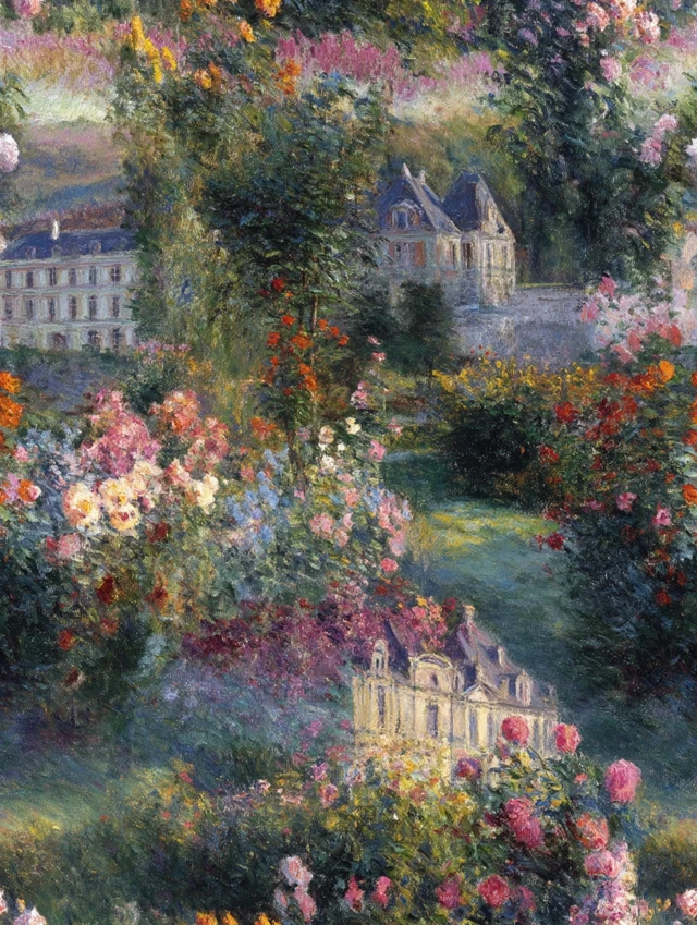 Autumn Sunset Impressionist Painting of Castle and Flowers