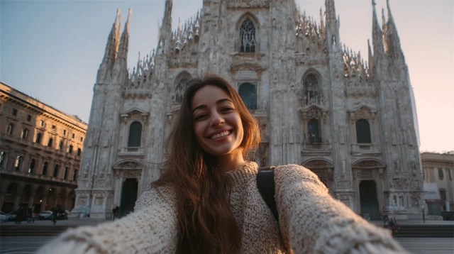 Milan Cathedral Selfie: Woman in front of Duomo