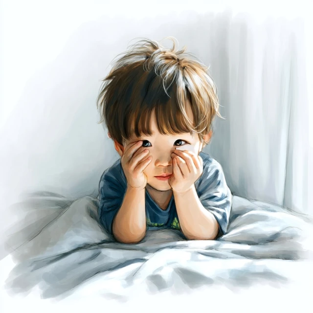 Japanese Toddler Boy Waking Up: Watercolor