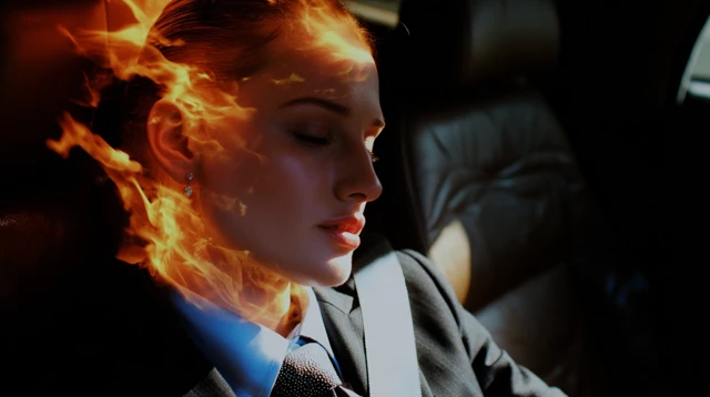 Woman in Burning Head in a Luxury Car