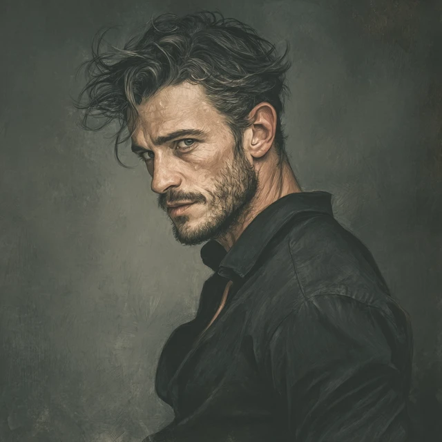 Handsome Man Portrait Dark Hair Stubble Intense Gaze