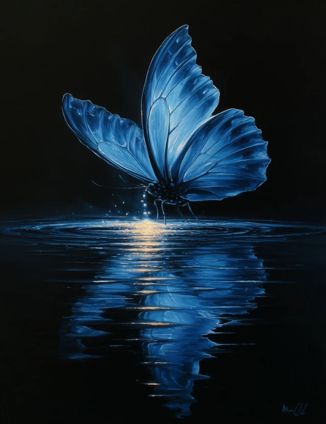 Blue Butterfly Glowing in the Dark Oil Painting