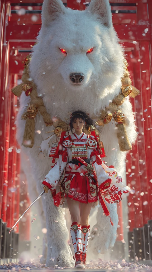 Japanese Warrior and Divine Wolf Guardian