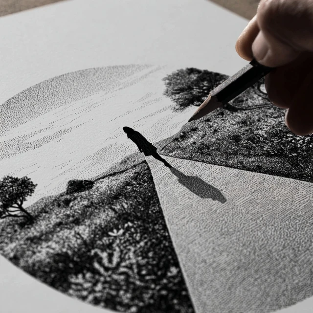 Girl Walking on Path Black and White Nature Illustration