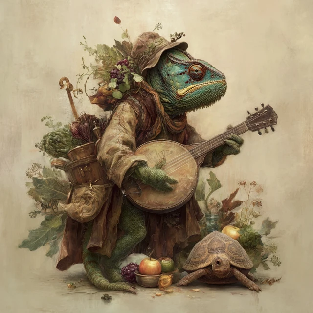 Chameleon with Violin in Nature Anniversary
