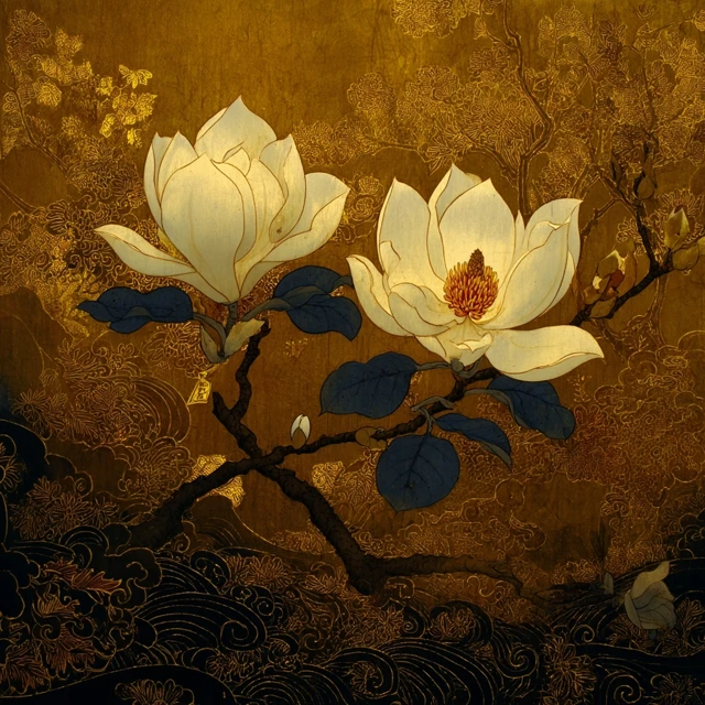 Japanese Magnolia Painting Gold Leaf Sunset