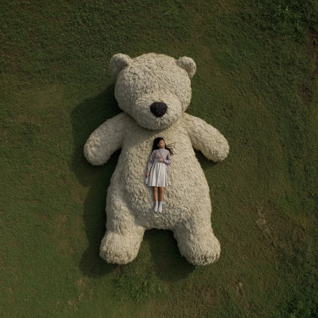 Girl and Giant Teddy Bear on Green Grass