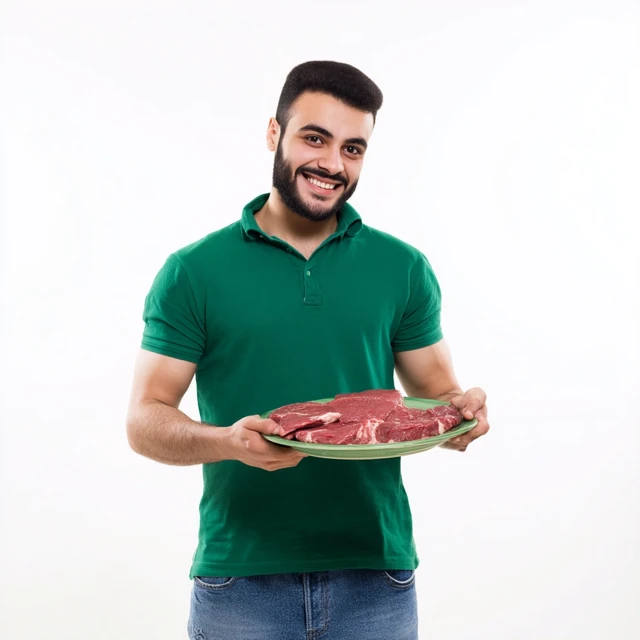 Arabian Man Smiling Holding Raw Meat