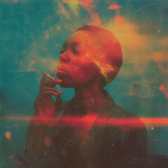 Double Exposure Portrait of African Woman Smoking