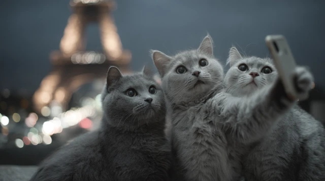 Cats Take Selfie in Paris with Eiffel Tower