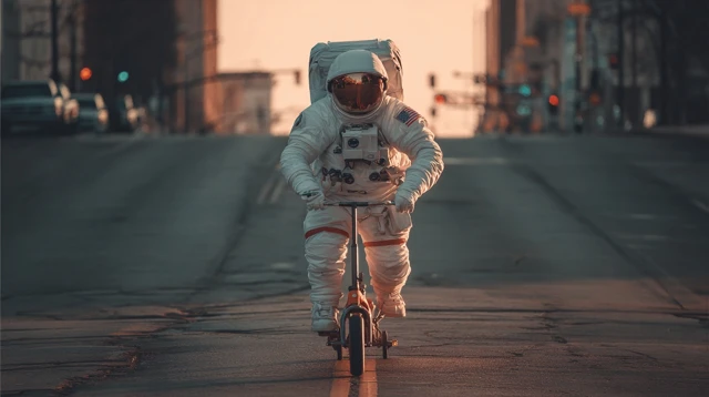 Astronaut on Scooter Golden Hour Fun 4K