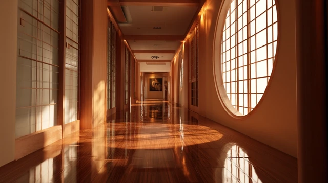 Luxury Japanese Hotel Hallway at Noon