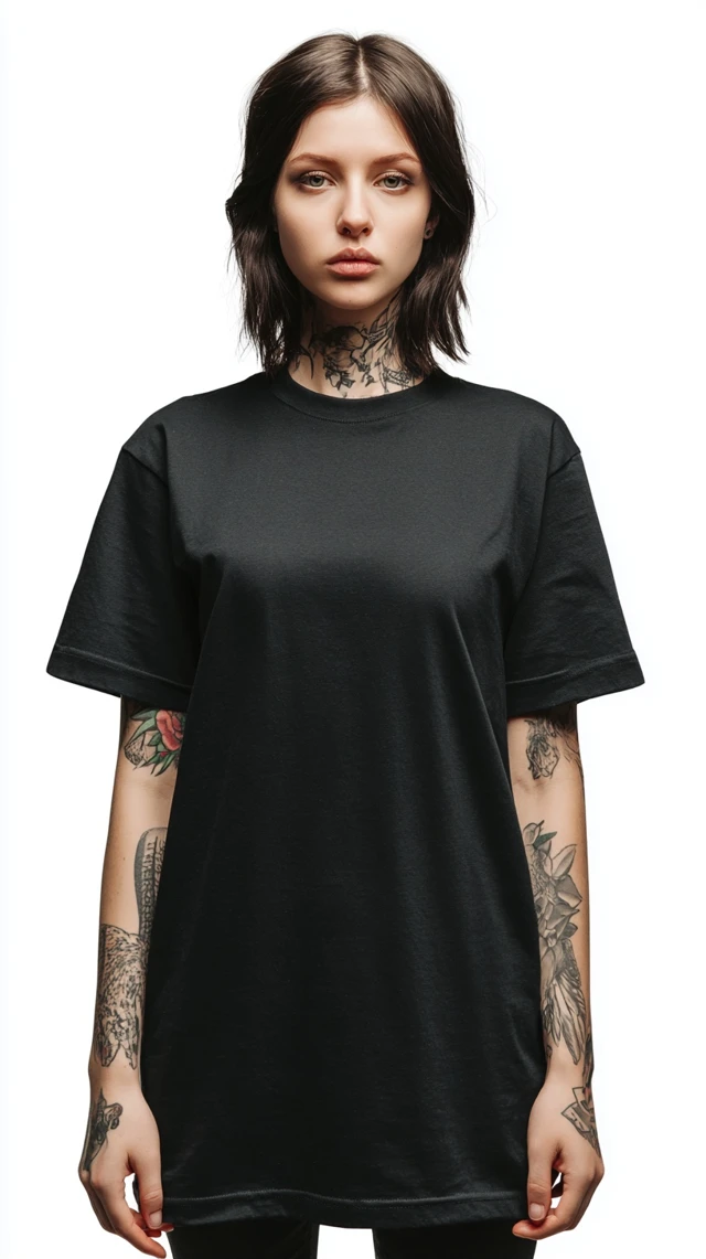 Tattooed Model in Black Oversized Tee Fashion Photo