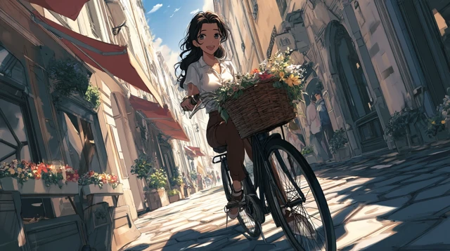 Anime Girl on a Bicycle in a European Street