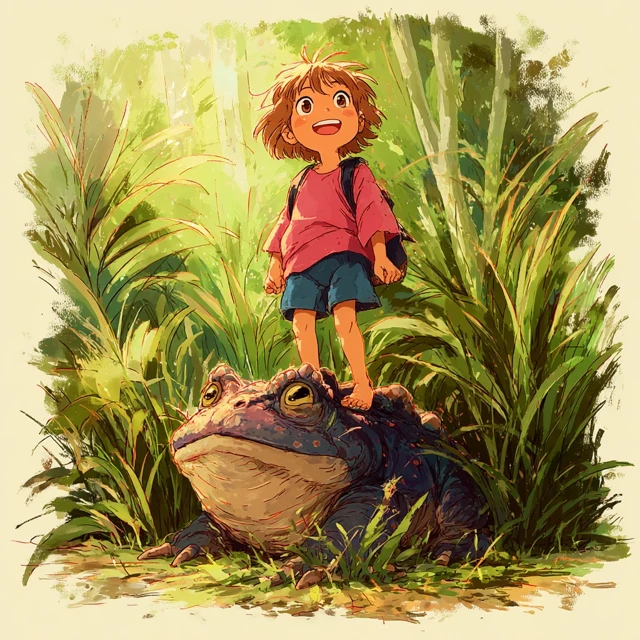 Girl Riding Toad Forest Miyazaki Ghibli Style