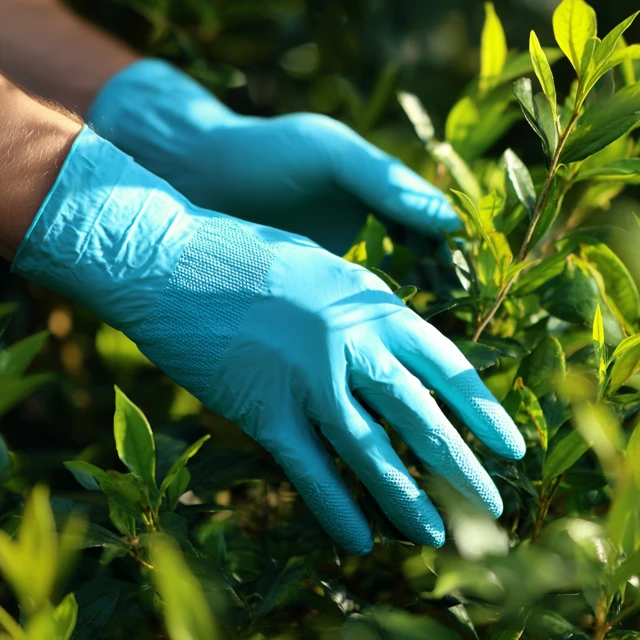 Gardening Hands in Blue Gloves Sunlight Greenery