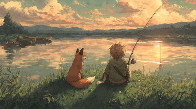 Anime Sunset Fox Fishing by the River