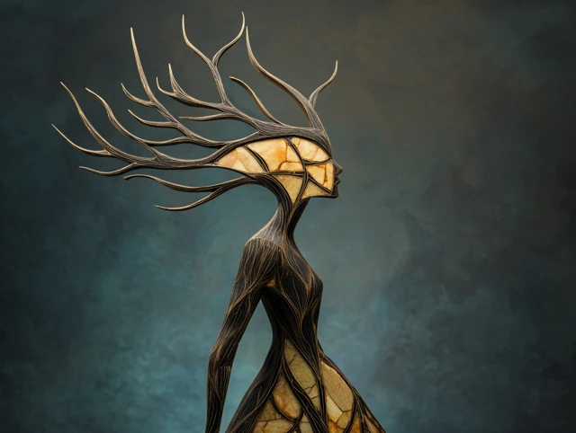 Haunting Deer Woman Wood and Glass Sculpture