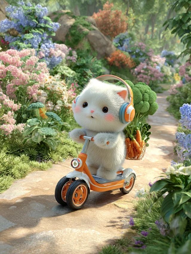 Cute Cat on Scooter With Veggies in a Blooming Garden