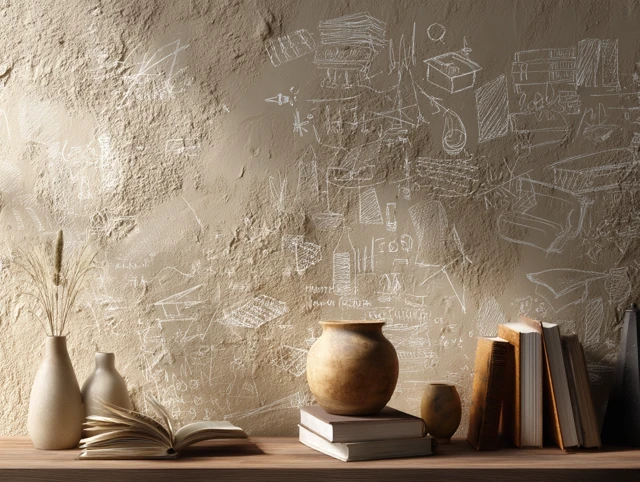 Chalk Doodles Wall with Books and Vases 3D Illustration
