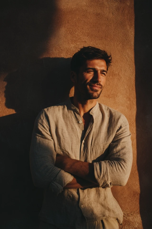 Stylish Man Leaning Against Wall - Warm Afternoon Light
