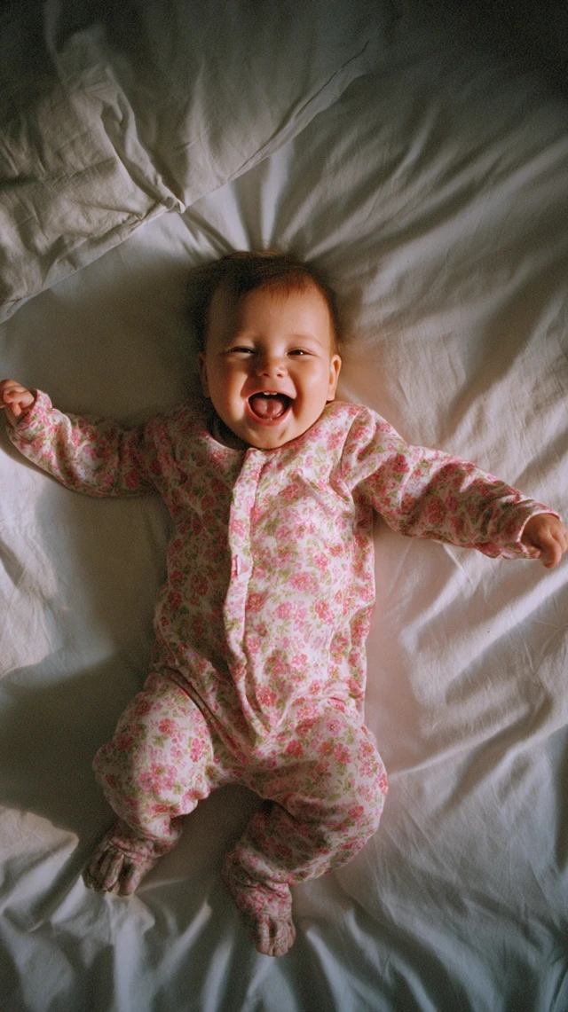 Happy Baby Girl Smiling on Bed Photography