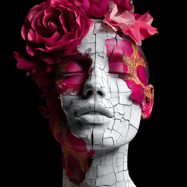 Abstract Woman Face with Rose and Cracks Art