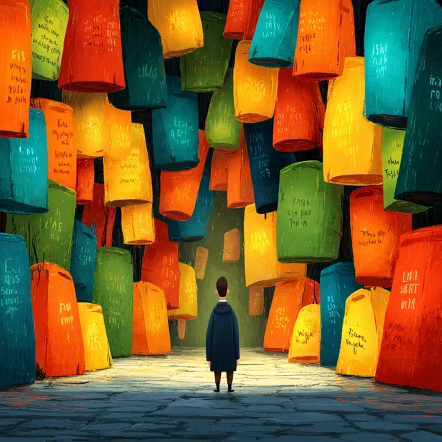 Lone Figure in Lantern Maze