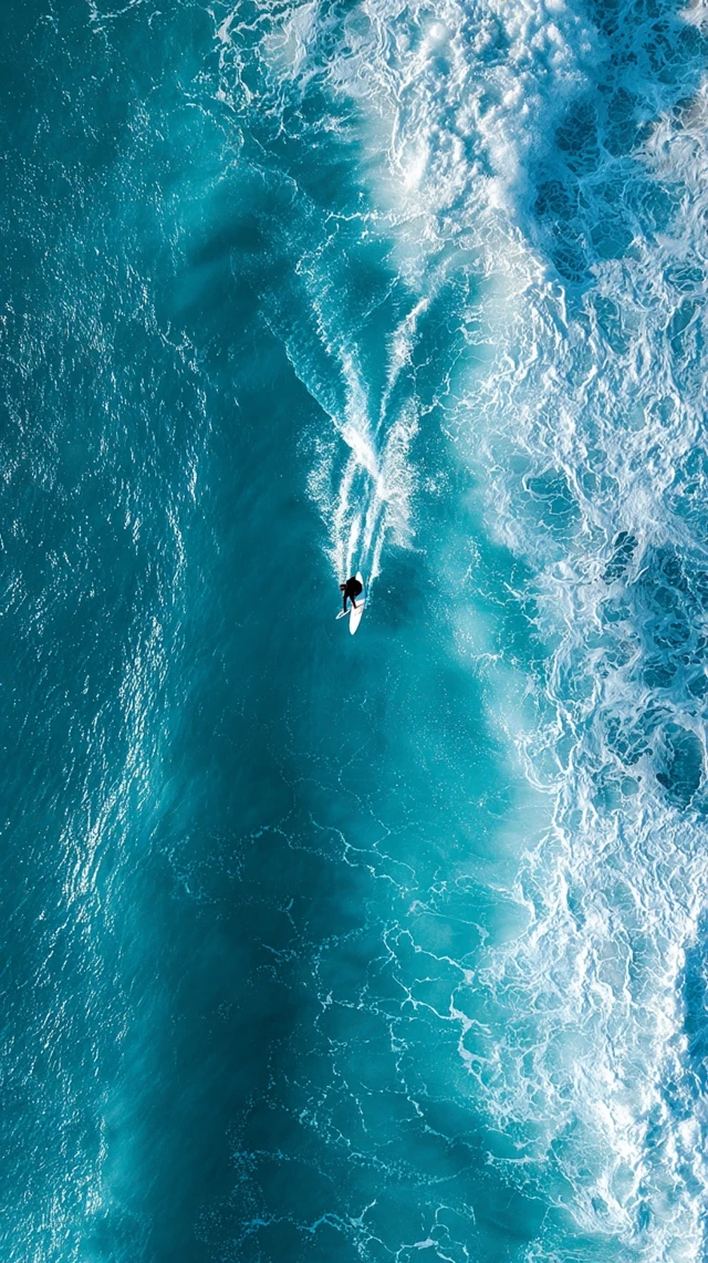 Surfer Riding Wave Aerial View Ocean Blue Wallpaper