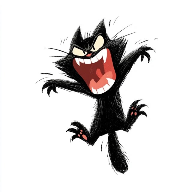 Angry Black Cat Kicks Out Rats Cartoon Illustration