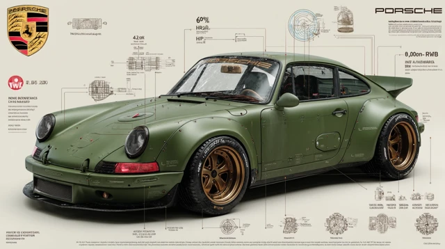 Porsche 911 RWB Infographic: Matte Green Custom Car