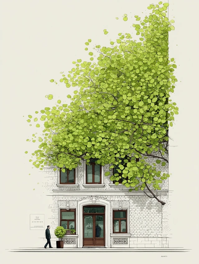 Hand Drawn Cityscape with Green Foliage