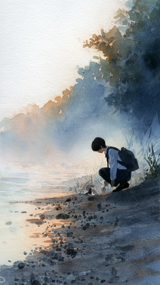 Japanese Student Cleaning Riverside Watercolor Art