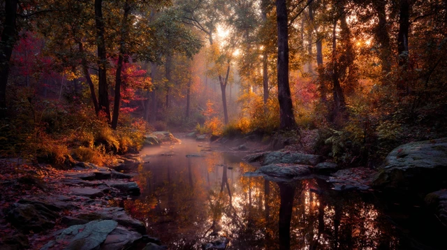 Autumn Forest Sunset Serene Scene