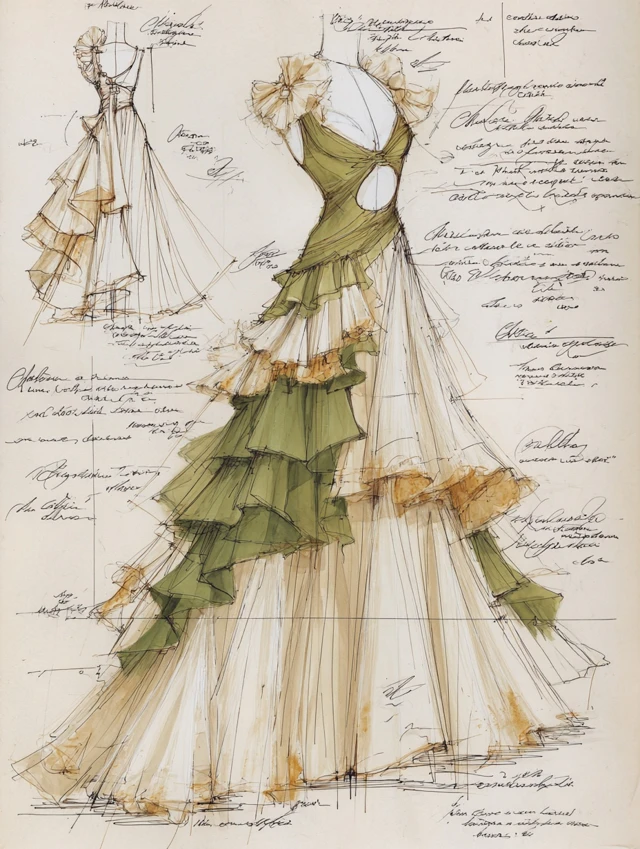 Evening Gown Design White Dress with Golden Green Accents