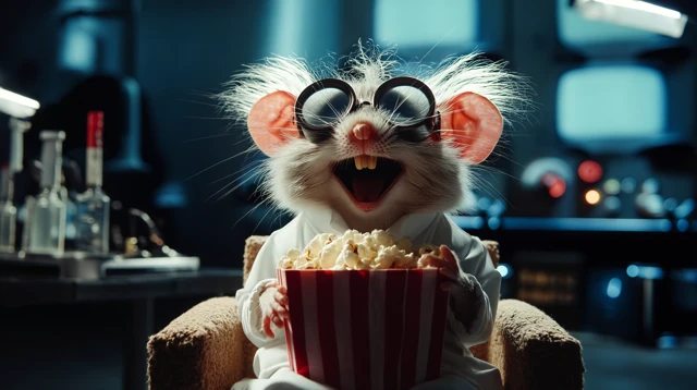 Mouse Watching TV with Popcorn in a Lab