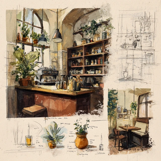 Coffee Shop Design Concepts Pottery Plants Candles Indie