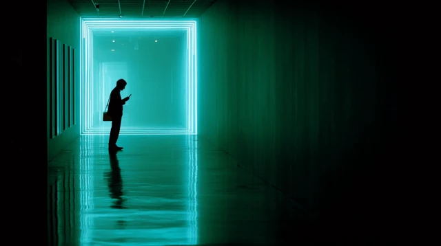 Man in Dark Hallway Using Phone Light