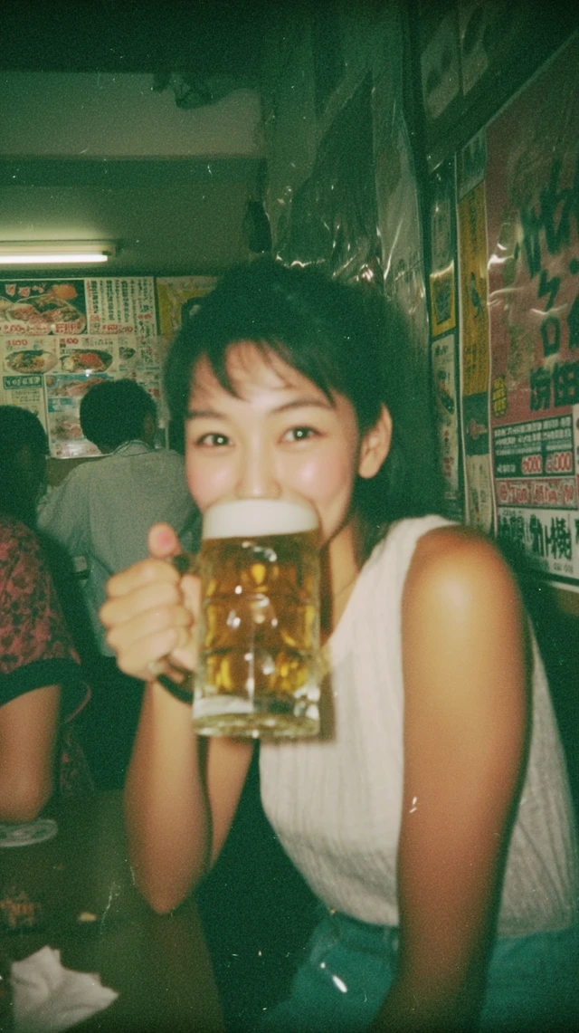 Young Japanese Woman Enjoying Beer at Retro Diner