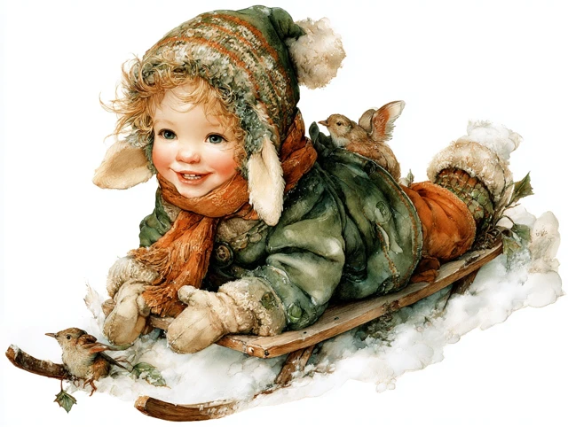 Christmas Boy Sledding in Snowy Watercolor Art