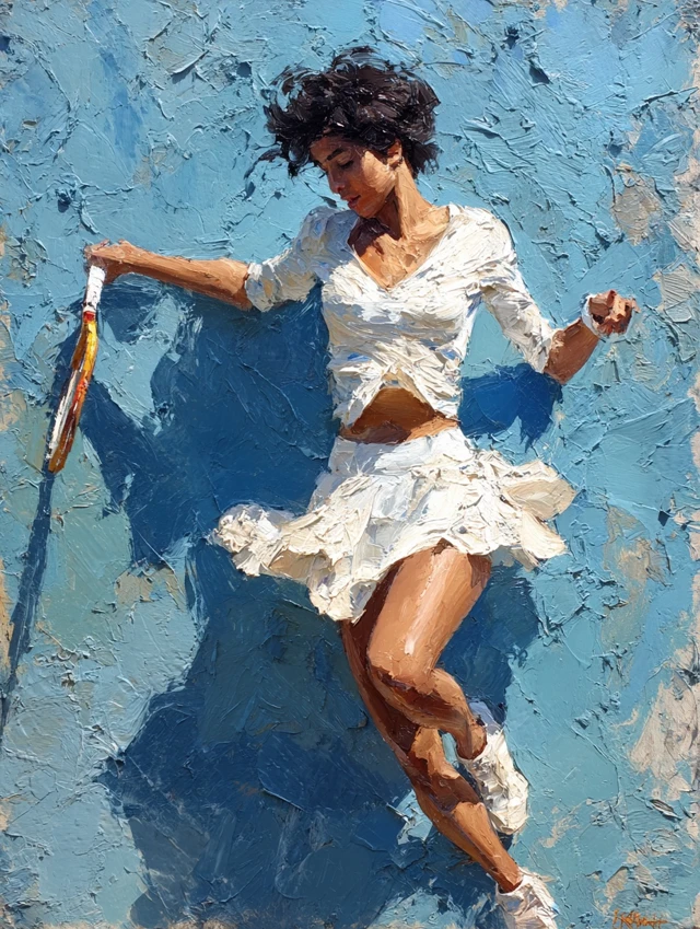 Tennis Painting Abstract Oil of Woman on Court