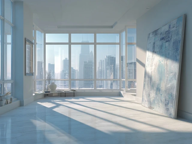 Modern Apartment Interior with City Skyline at Dawn