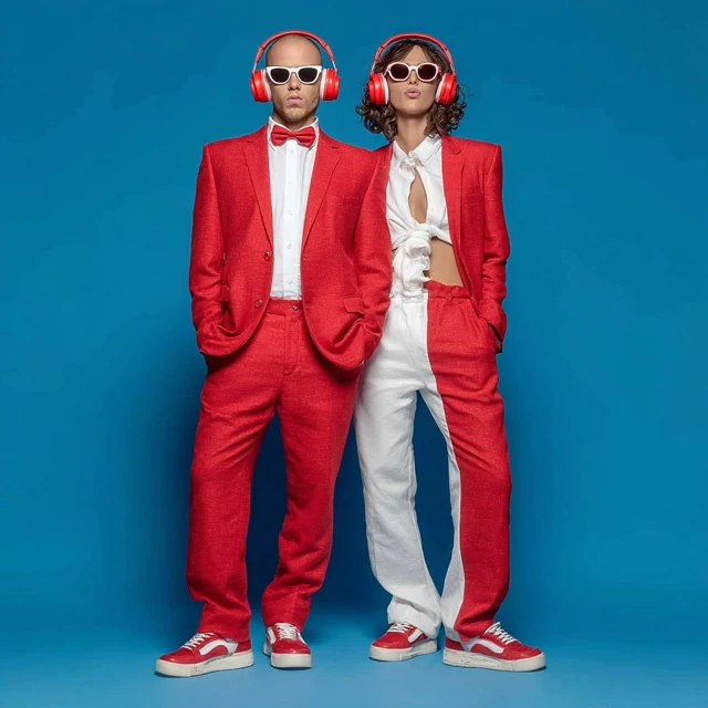 Happy People in Red Suits and Headphones on Blue