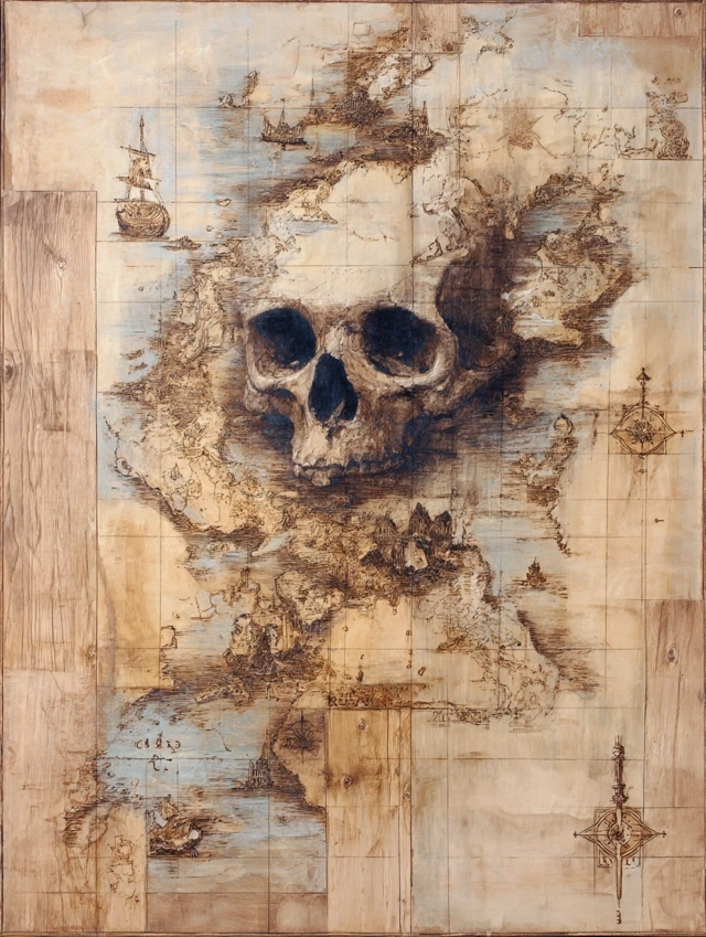 Boho Pirate Map Artwork with Skull and Ship